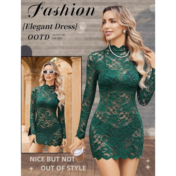 Womens Green Sheer Lace Long Sleeve Mini Dresses for Party outfit - Picture 2 of 5